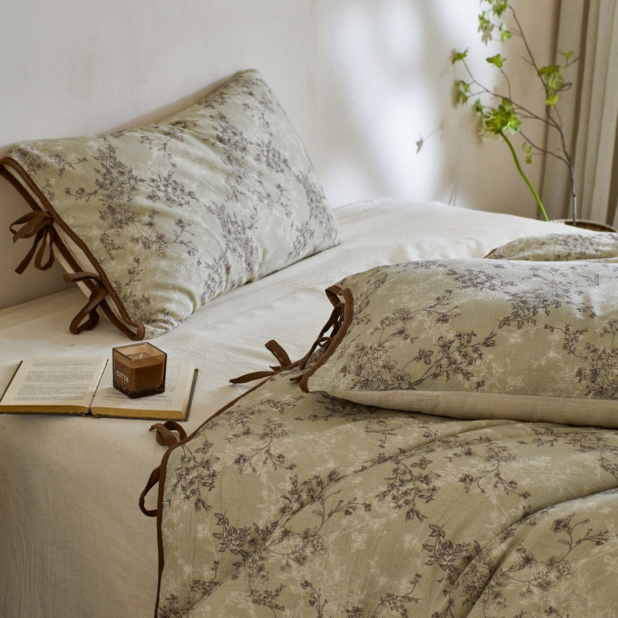 91家纺网 家纺一手货源 找家纺 由丽家纺 2026新款法式复古风棉麻绑带款四件套 剪影-绿