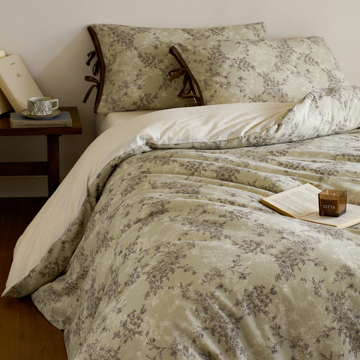 91家纺网 家纺一手货源 找家纺 由丽家纺 2026新款法式复古风棉麻绑带款四件套 剪影-绿