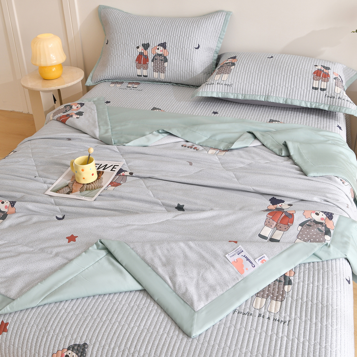 金艾草 2026新款莫代尔天丝印花夏被床盖四件套三件套 熊熊-蓝