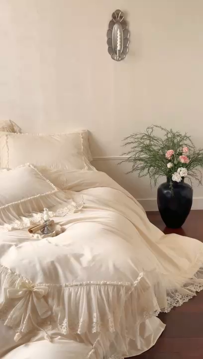 91家纺网 家纺一手货源 找家纺 （总）惯盈家纺 2026新款法式蕾丝韩版床裙款纯色全棉四件套-情书（含买家秀）【控价商品】