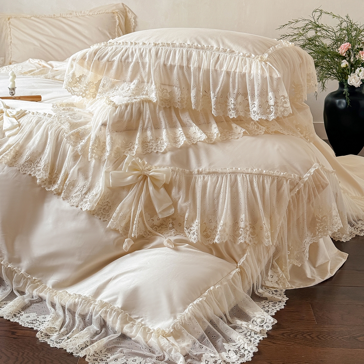 （总）惯盈家纺 2026新款法式蕾丝韩版床裙款纯色全棉四件套-情书（含买家秀）【控价商品】