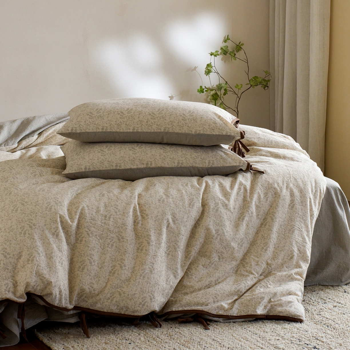 91家纺网 家纺一手货源 找家纺 由丽家纺 2026新款法式复古风棉麻绑带款四件套 秀丽春色