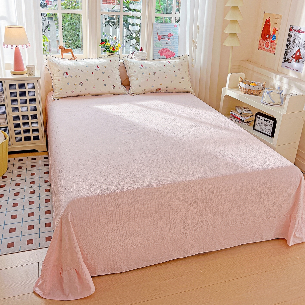 91家纺网 家纺一手货源 找家纺 （总）禾沐 2026新款云感泡芙纱全棉蕾丝花边款夏被四件套