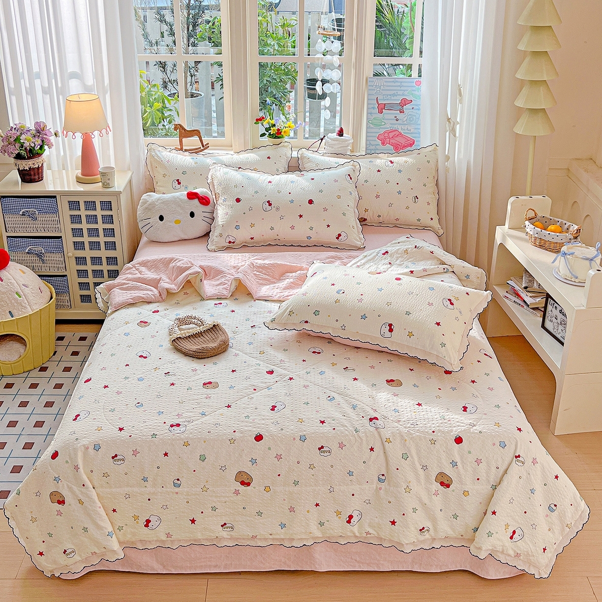 91家纺网 家纺一手货源 找家纺 （总）禾沐 2026新款云感泡芙纱全棉蕾丝花边款夏被四件套