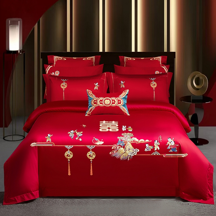 91家纺网 家纺一手货源 找家纺 （总）柏拉图 2026新款长绒棉纯棉贡缎全工艺刺绣婚庆四件套多件套