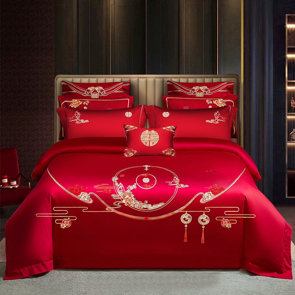 91家纺网 家纺一手货源 找家纺 （总）柏拉图 2026新款长绒棉纯棉贡缎全工艺刺绣婚庆四件套多件套