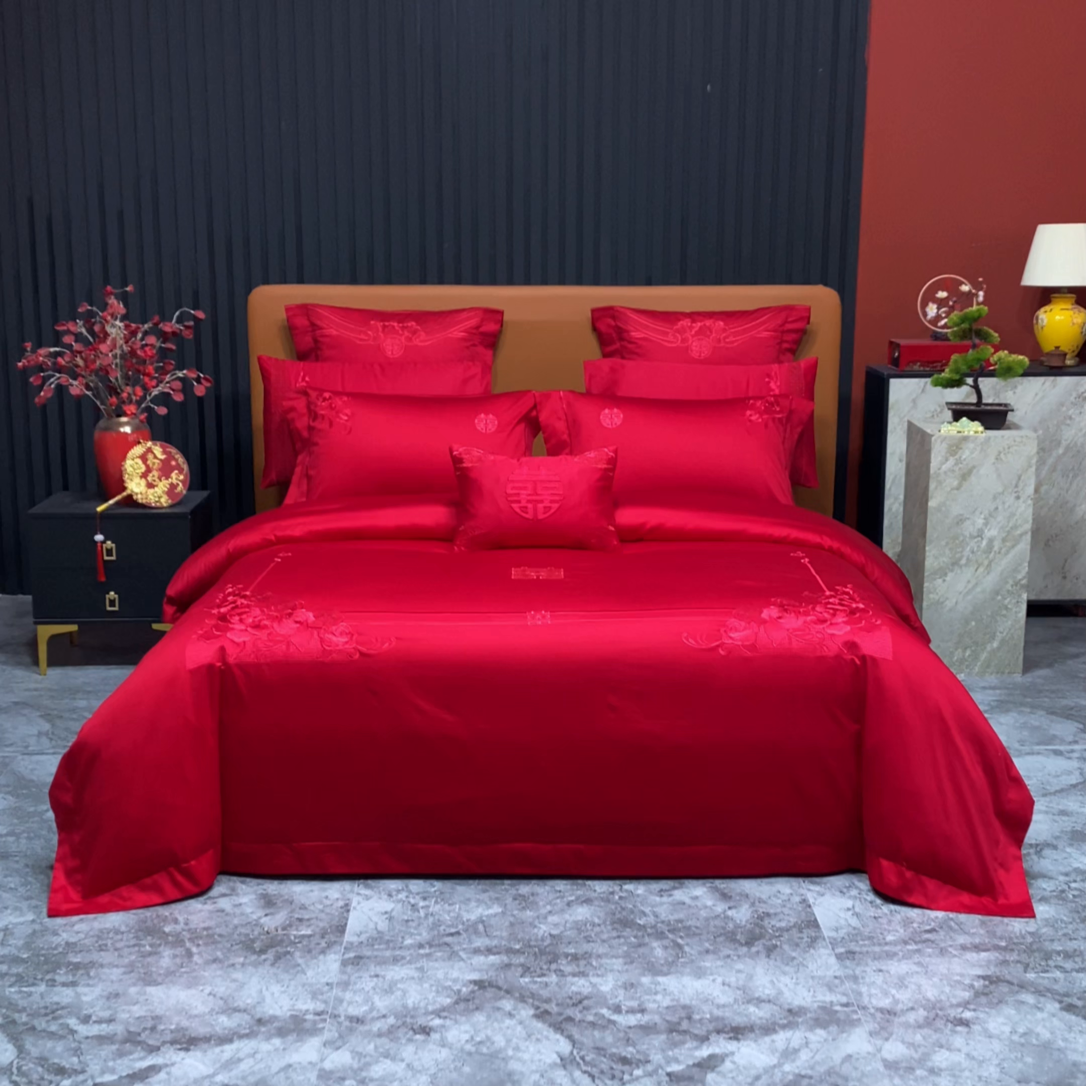 91家纺网 家纺一手货源 找家纺 柏拉图 2026新款长绒棉纯棉贡缎全工艺刺绣婚庆四件套多件套 爱的诺言