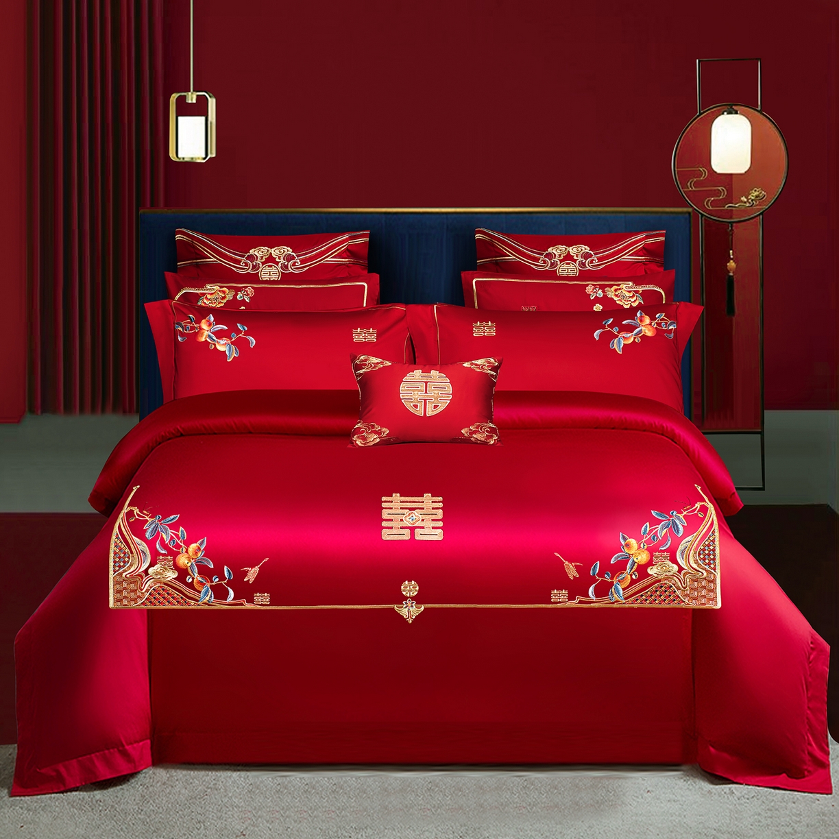 柏拉图 2026新款长绒棉纯棉贡缎全工艺刺绣婚庆四件套多件套 爱意永恒