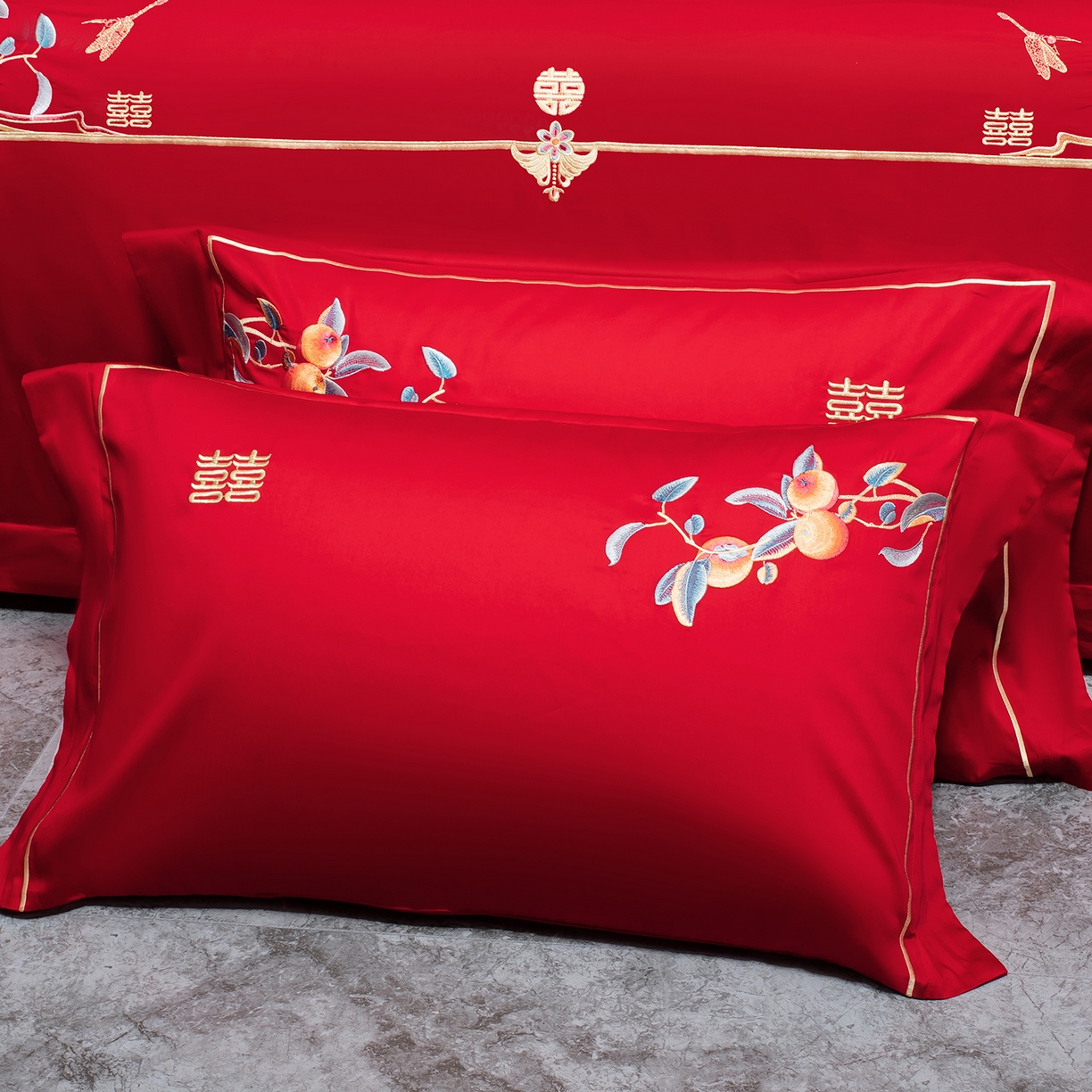 91家纺网 家纺一手货源 找家纺 柏拉图 2026新款长绒棉纯棉贡缎全工艺刺绣婚庆四件套多件套 爱意永恒