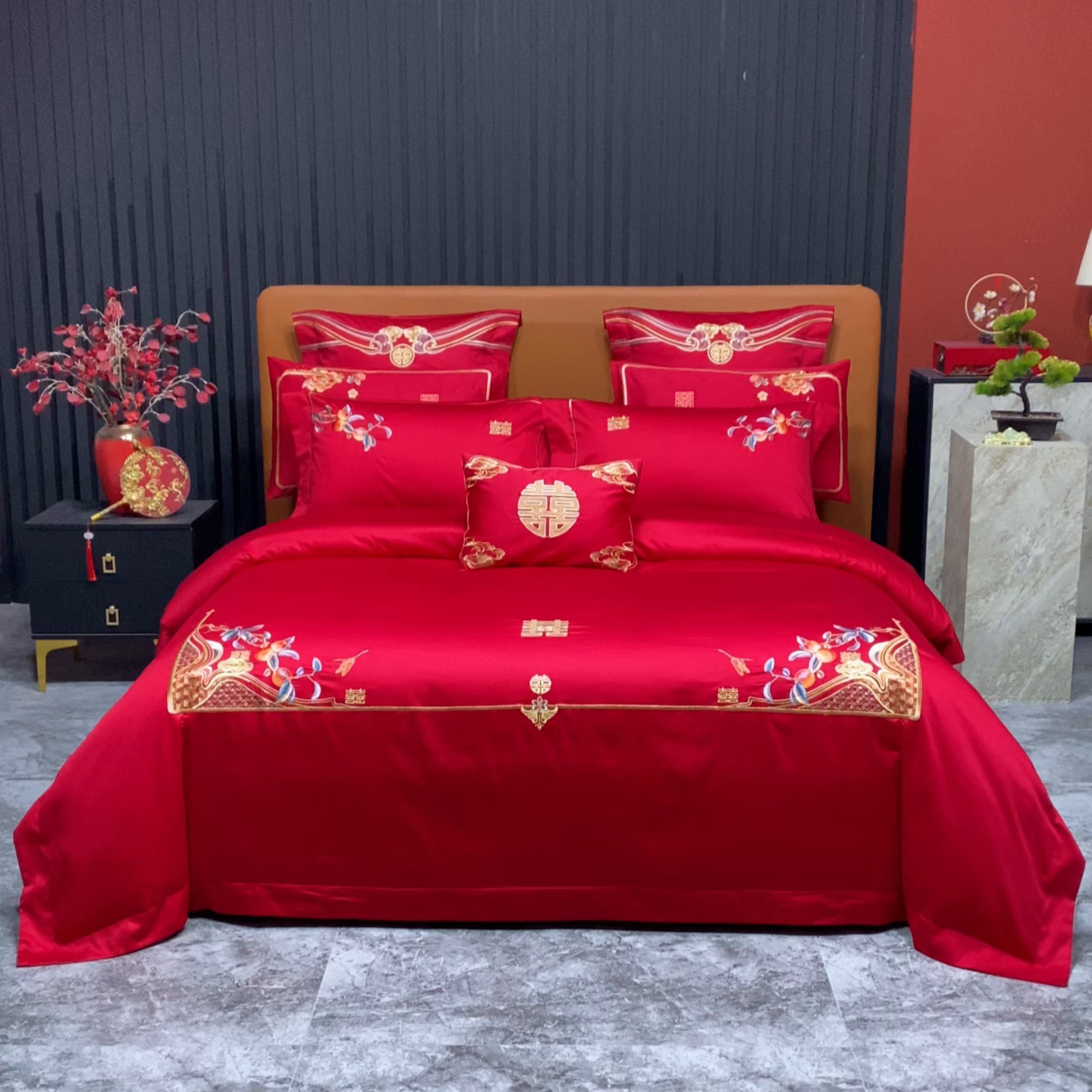 91家纺网 家纺一手货源 找家纺 柏拉图 2026新款长绒棉纯棉贡缎全工艺刺绣婚庆四件套多件套 爱意永恒