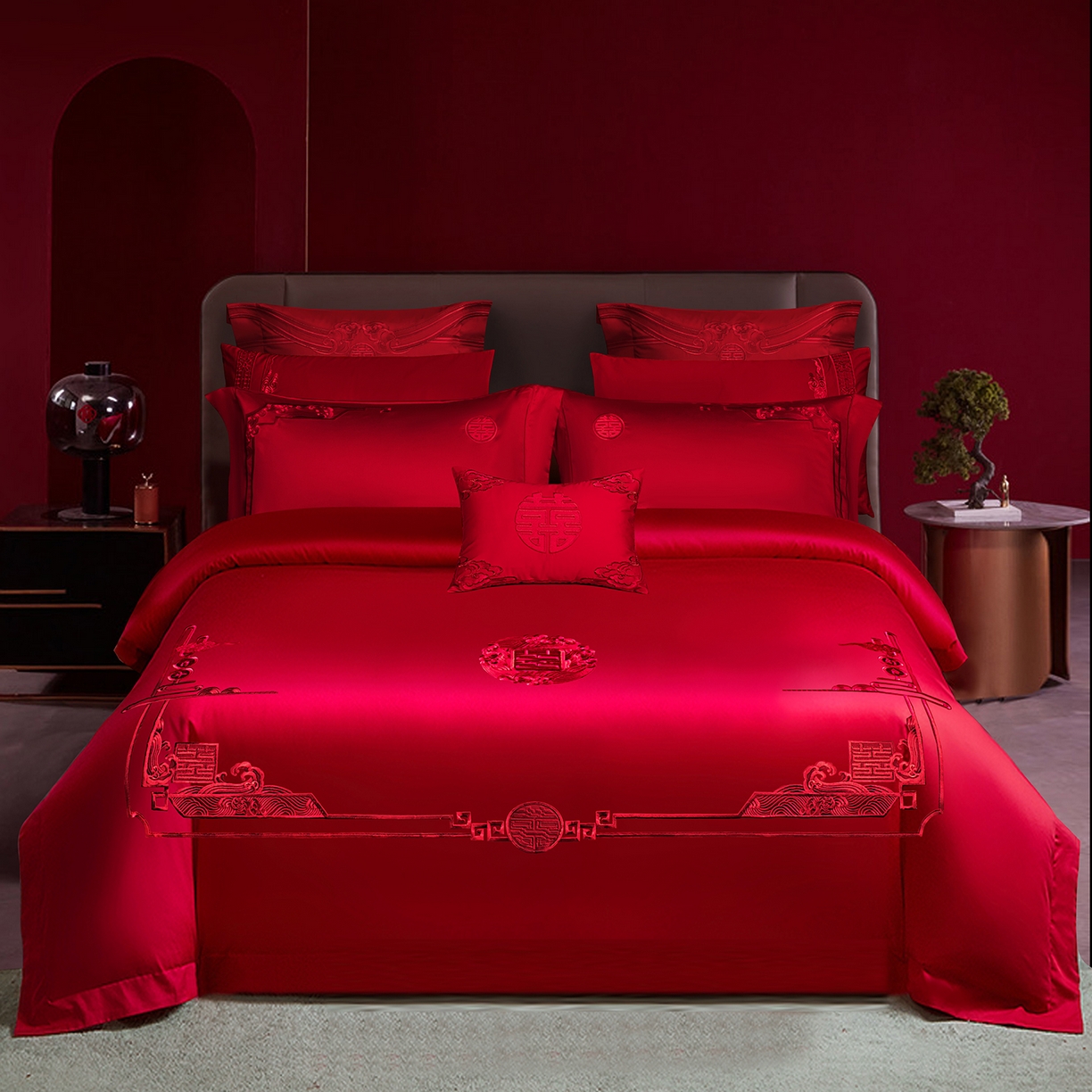 柏拉图 2026新款长绒棉纯棉贡缎全工艺刺绣婚庆四件套多件套 百年好合