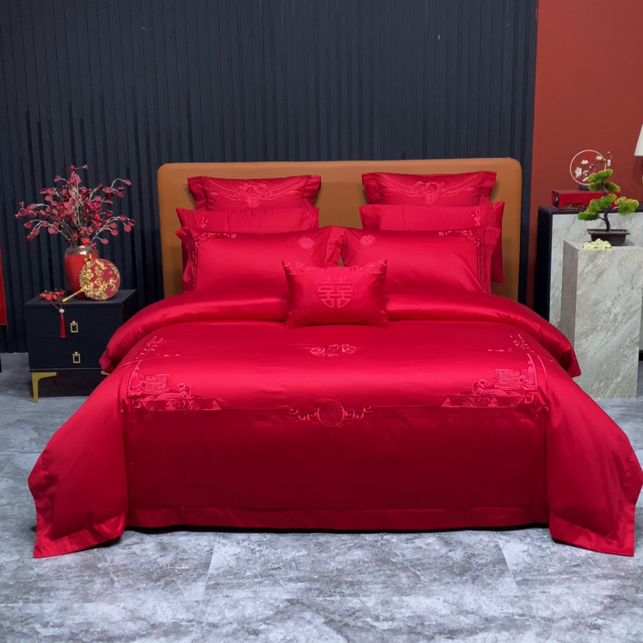 91家纺网 家纺一手货源 找家纺 柏拉图 2026新款长绒棉纯棉贡缎全工艺刺绣婚庆四件套多件套 百年好合