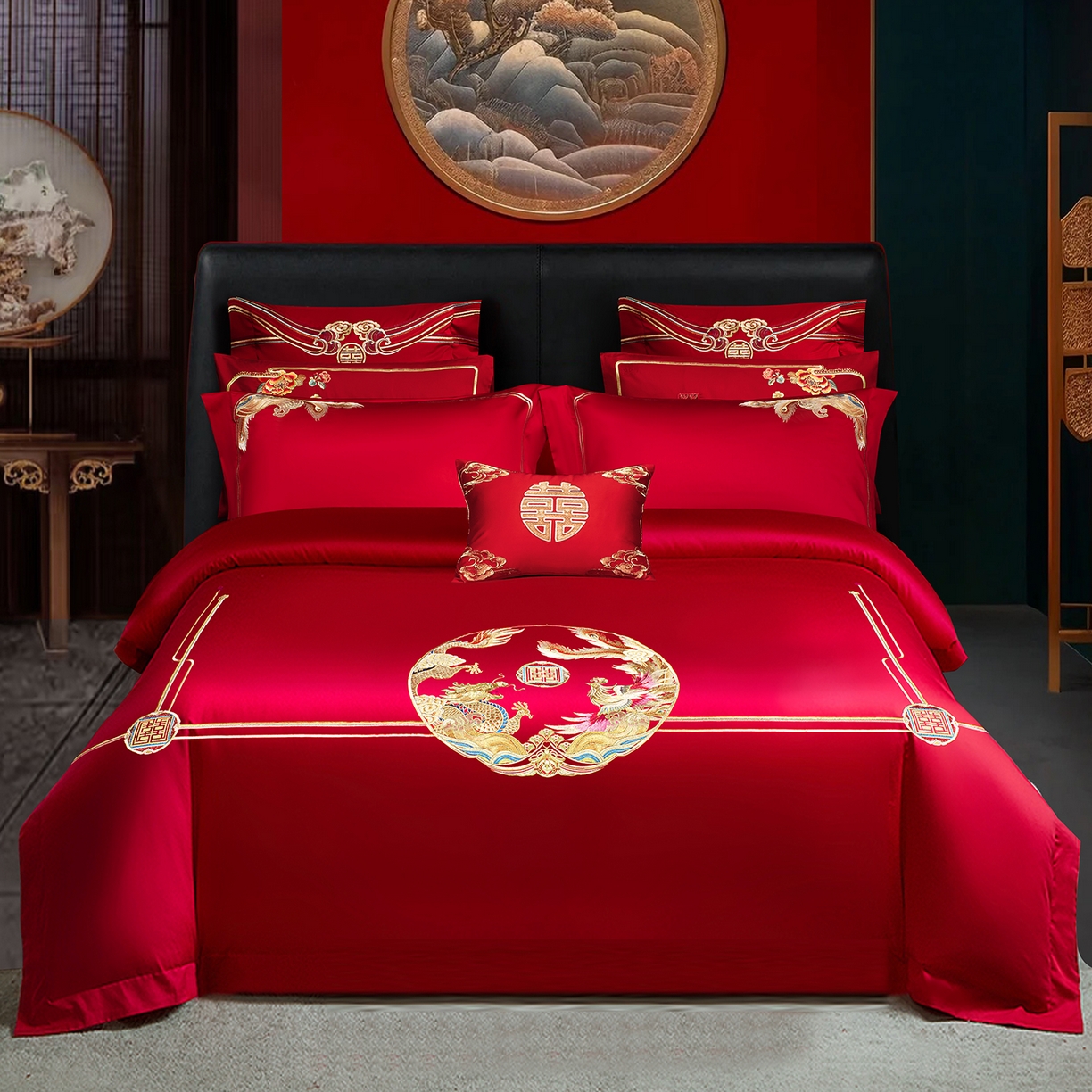 柏拉图 2026新款长绒棉纯棉贡缎全工艺刺绣婚庆四件套多件套 百年龙凤