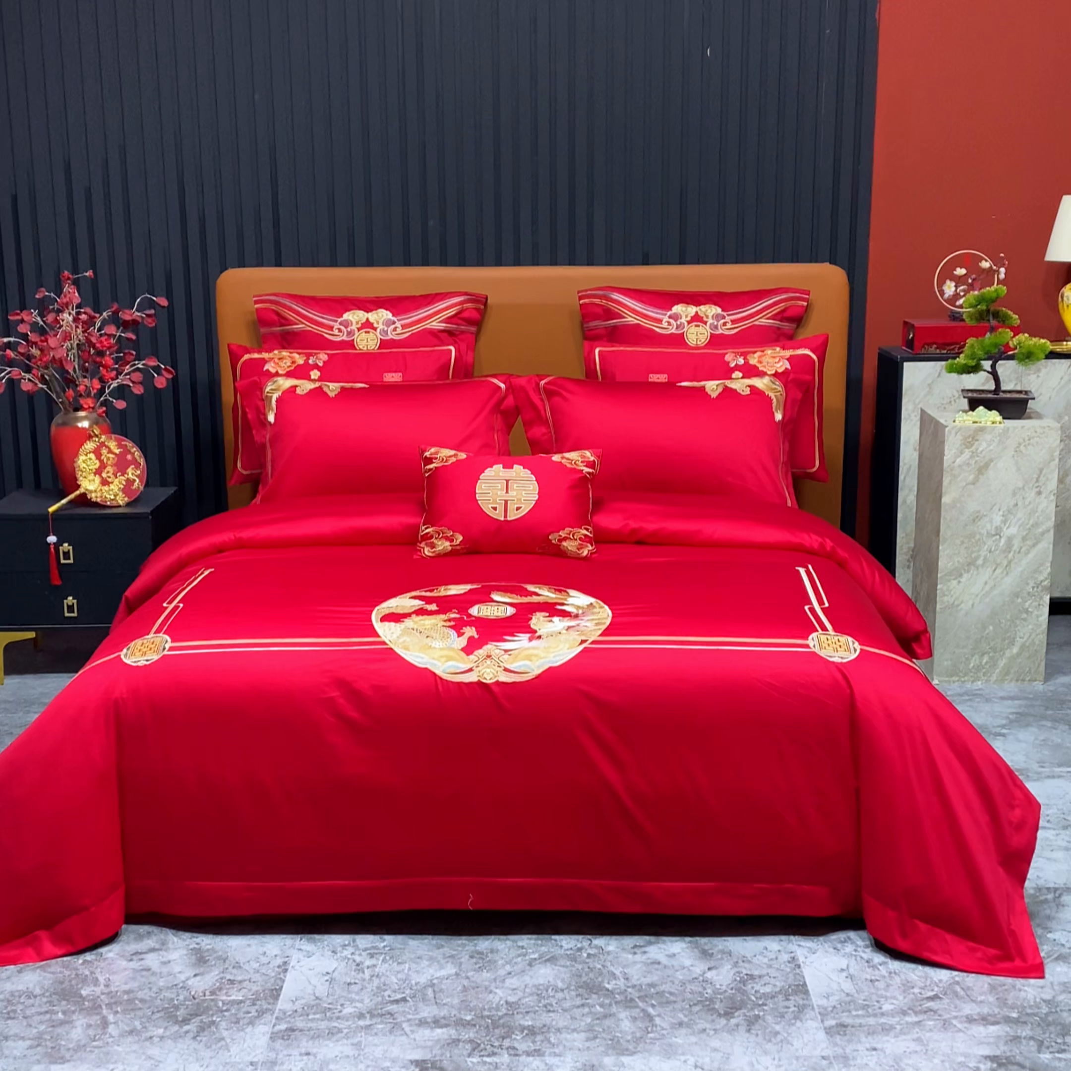 91家纺网 家纺一手货源 找家纺 柏拉图 2026新款长绒棉纯棉贡缎全工艺刺绣婚庆四件套多件套 百年龙凤