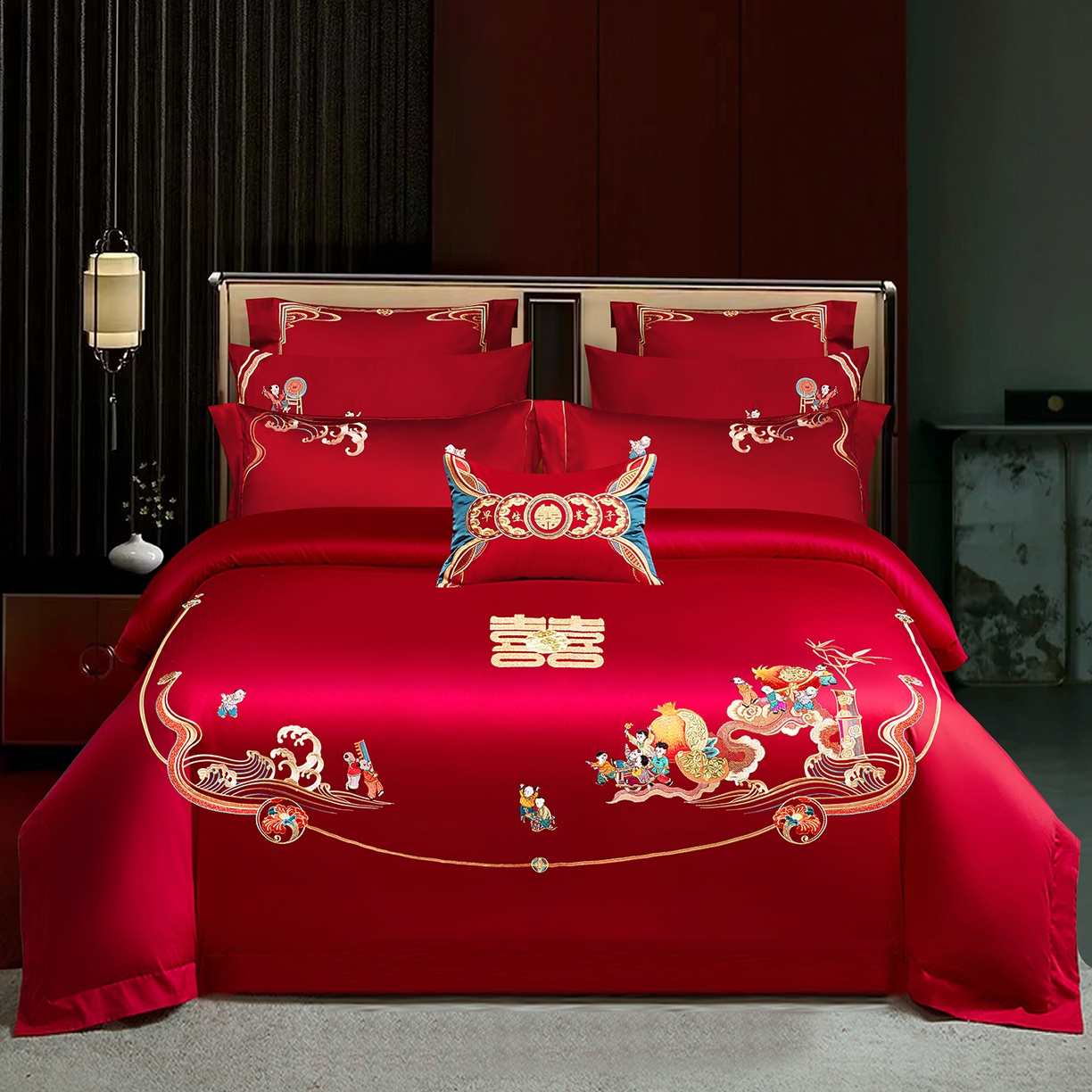 柏拉图 2026新款长绒棉纯棉贡缎全工艺刺绣婚庆四件套多件套 百子添喜