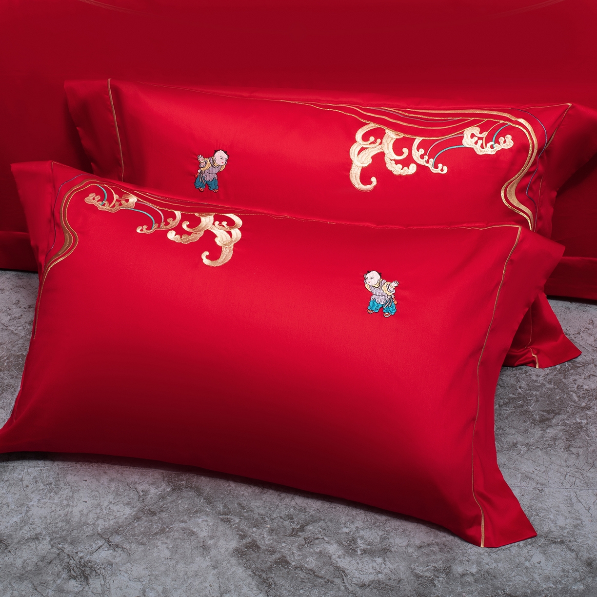 91家纺网 家纺一手货源 找家纺 柏拉图 2026新款长绒棉纯棉贡缎全工艺刺绣婚庆四件套多件套 百子添喜