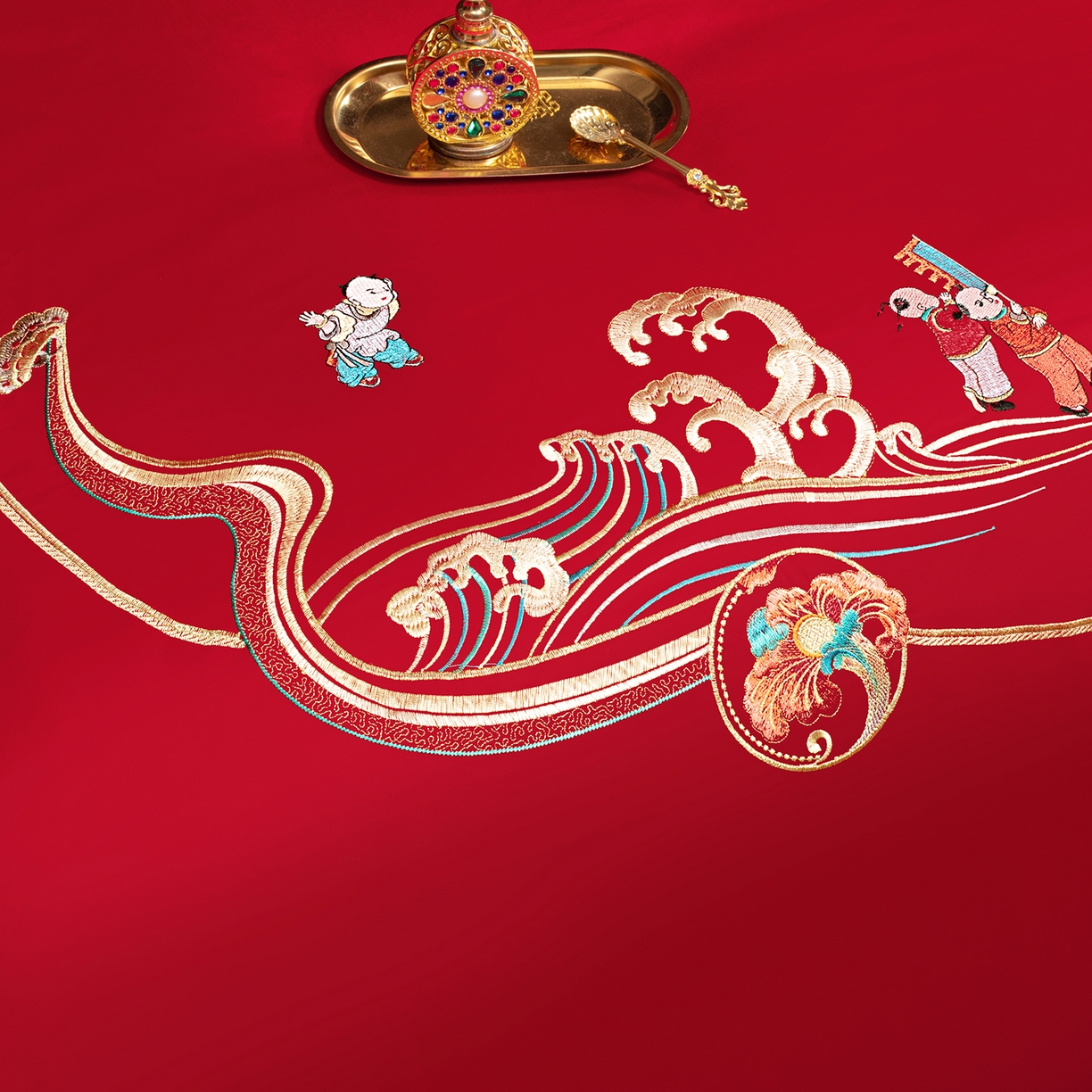 91家纺网 家纺一手货源 找家纺 柏拉图 2026新款长绒棉纯棉贡缎全工艺刺绣婚庆四件套多件套 百子添喜