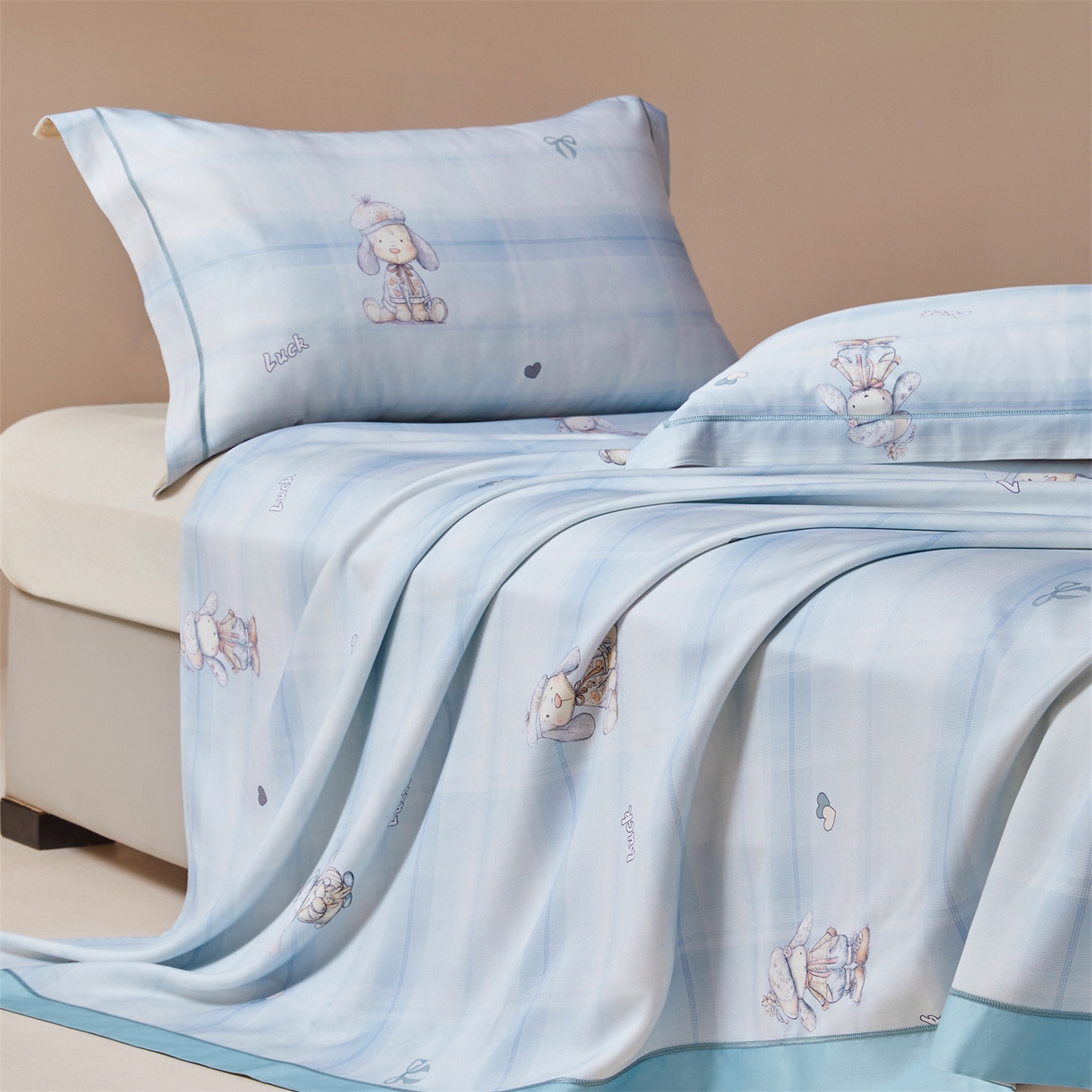 91家纺网 家纺一手货源 找家纺 舒慕家纺 2026新款天丝竹纤维凉席 爱心狗-蓝