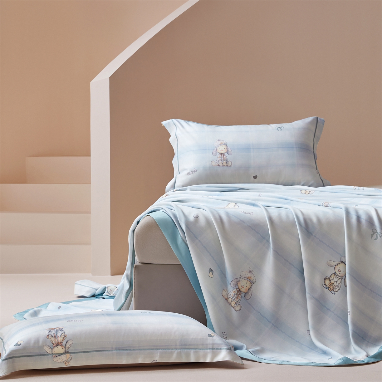 91家纺网 家纺一手货源 找家纺 舒慕家纺 2026新款天丝竹纤维凉席 爱心狗-蓝