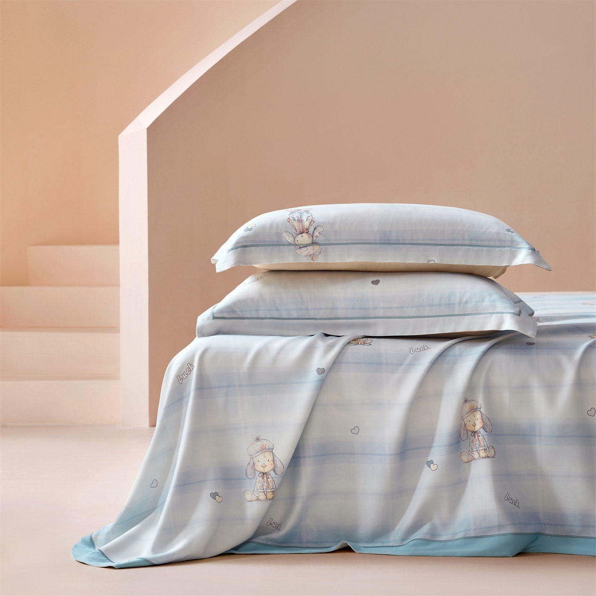 91家纺网 家纺一手货源 找家纺 舒慕家纺 2026新款天丝竹纤维凉席 爱心狗-蓝