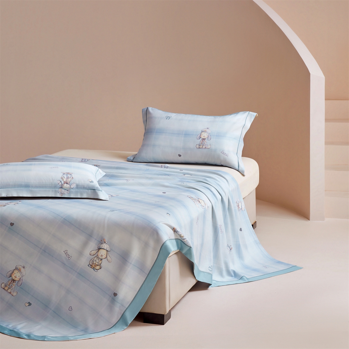 91家纺网 家纺一手货源 找家纺 舒慕家纺 2026新款天丝竹纤维凉席 爱心狗-蓝