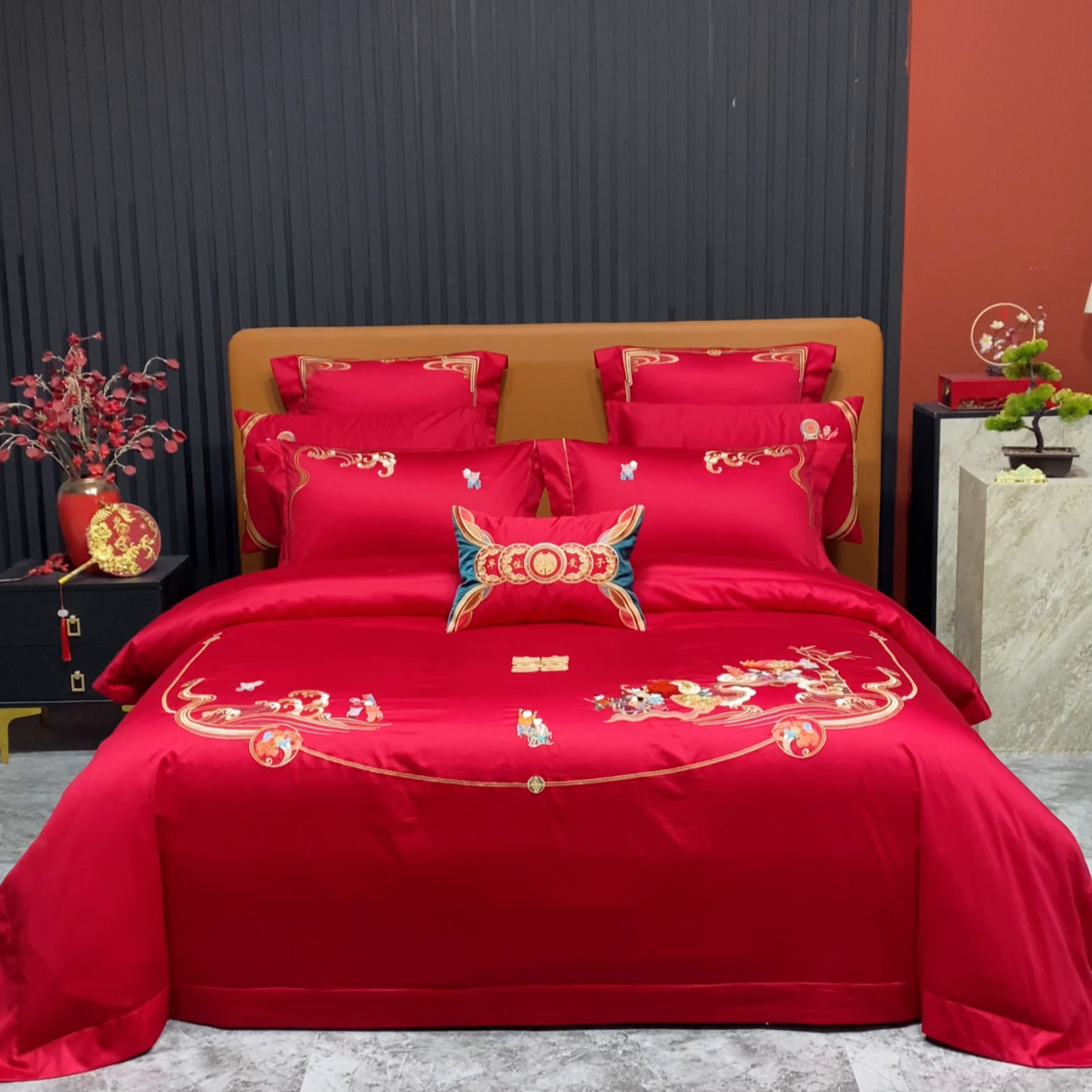 91家纺网 家纺一手货源 找家纺 柏拉图 2026新款长绒棉纯棉贡缎全工艺刺绣婚庆四件套多件套 百子添喜