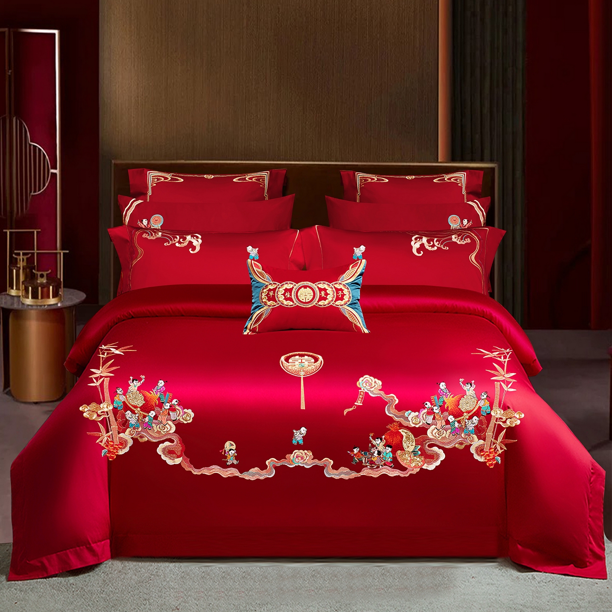 柏拉图 2026新款长绒棉纯棉贡缎全工艺刺绣婚庆四件套多件套 百子祥瑞