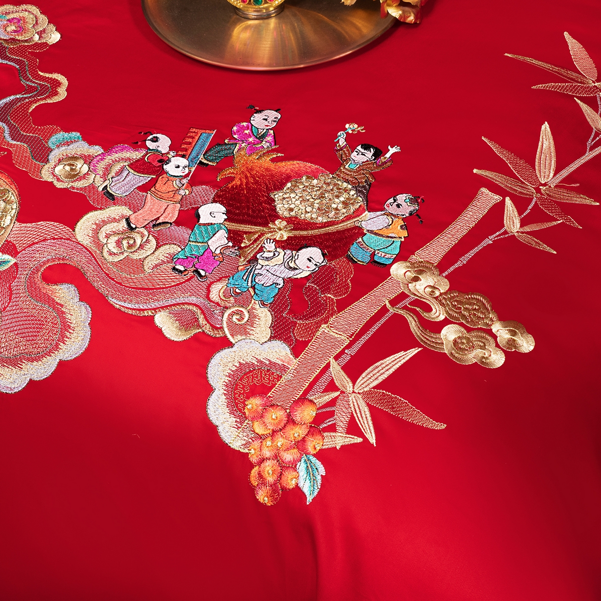 91家纺网 家纺一手货源 找家纺 柏拉图 2026新款长绒棉纯棉贡缎全工艺刺绣婚庆四件套多件套 百子祥瑞