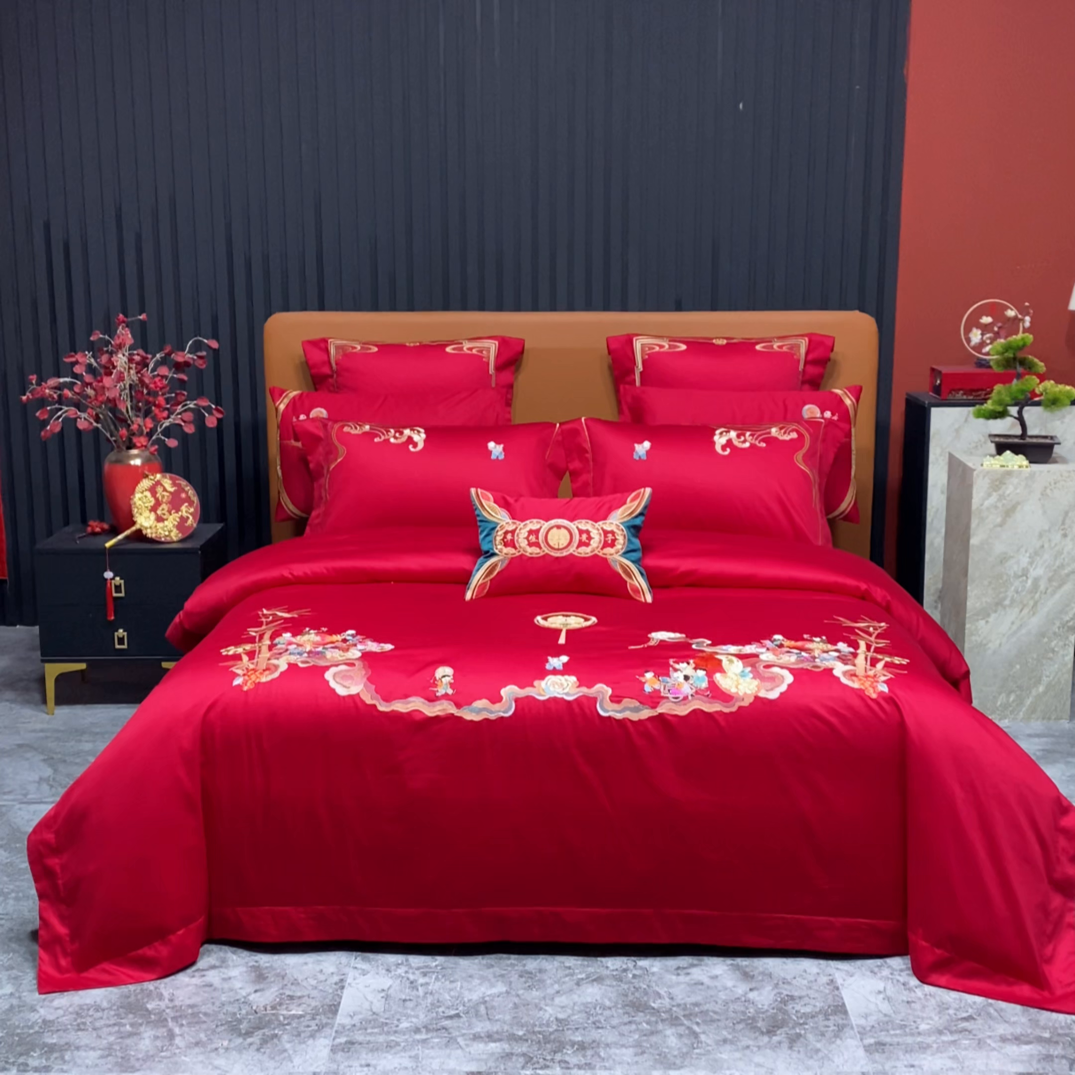 91家纺网 家纺一手货源 找家纺 柏拉图 2026新款长绒棉纯棉贡缎全工艺刺绣婚庆四件套多件套 百子祥瑞