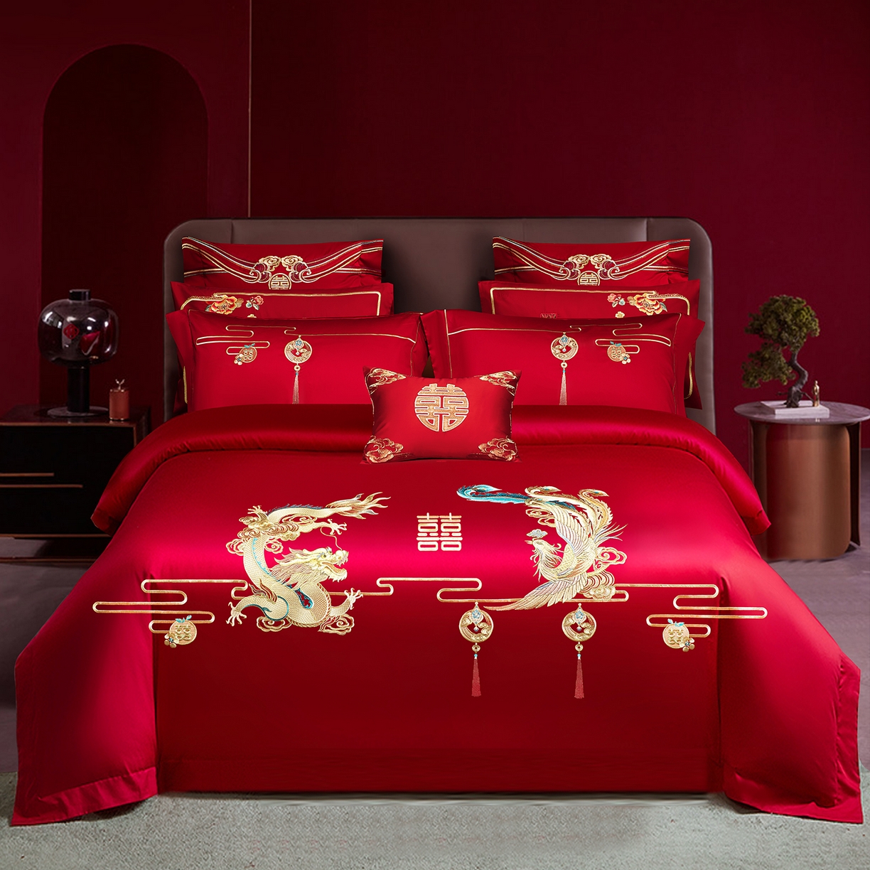 柏拉图 2026新款长绒棉纯棉贡缎全工艺刺绣婚庆四件套多件套 龙凤喜事