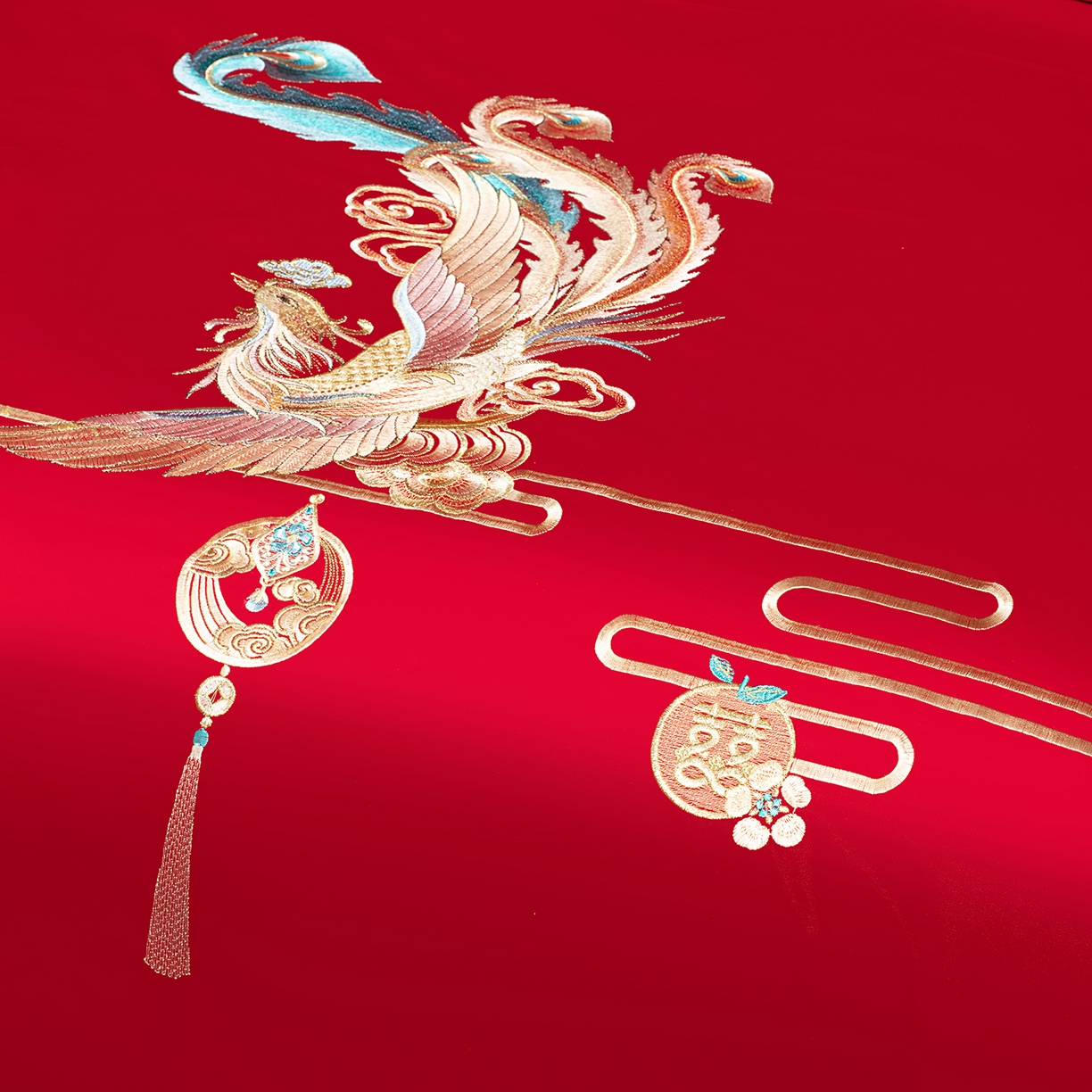 91家纺网 家纺一手货源 找家纺 柏拉图 2026新款长绒棉纯棉贡缎全工艺刺绣婚庆四件套多件套 龙凤喜事