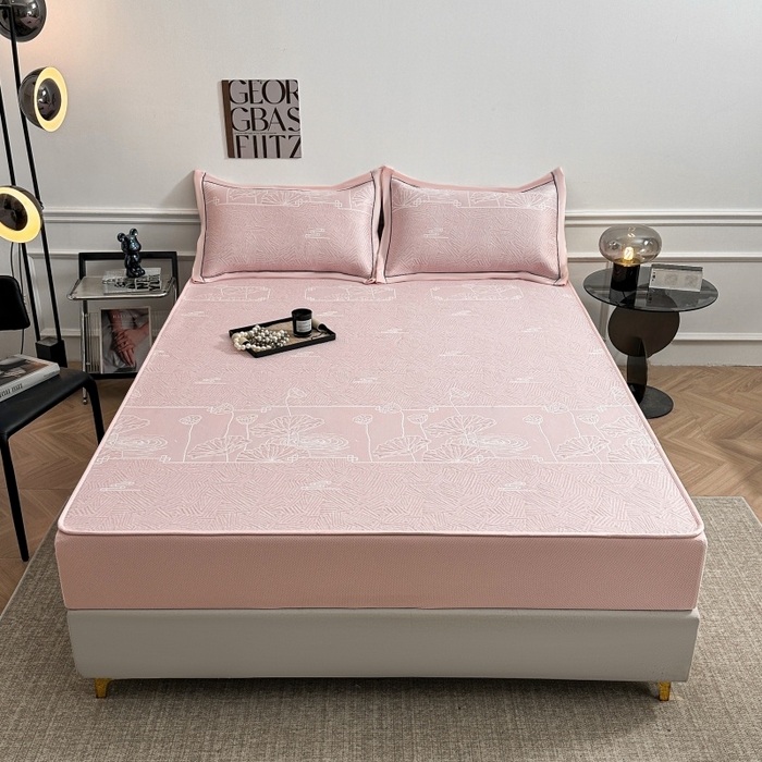 91家纺网 家纺一手货源 找家纺 绒艺席业 2026年新款立体浮雕工艺正宗凉感豆豆席凉席席子-床笠款 豆豆荷塘月色-粉色