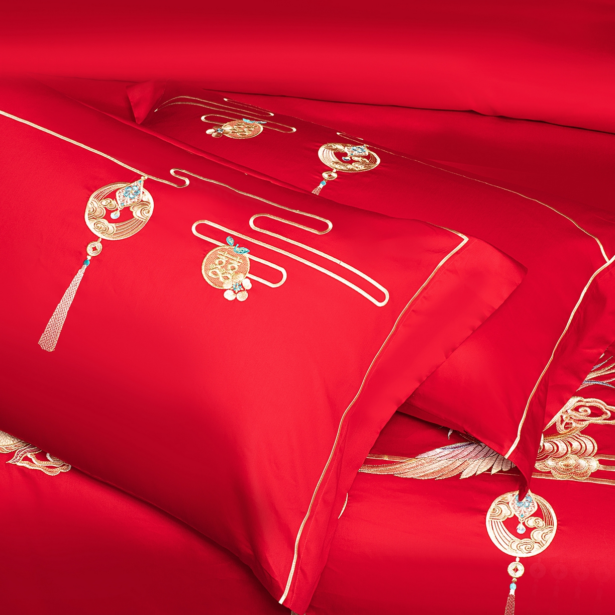 91家纺网 家纺一手货源 找家纺 柏拉图 2026新款长绒棉纯棉贡缎全工艺刺绣婚庆四件套多件套 龙凤喜事