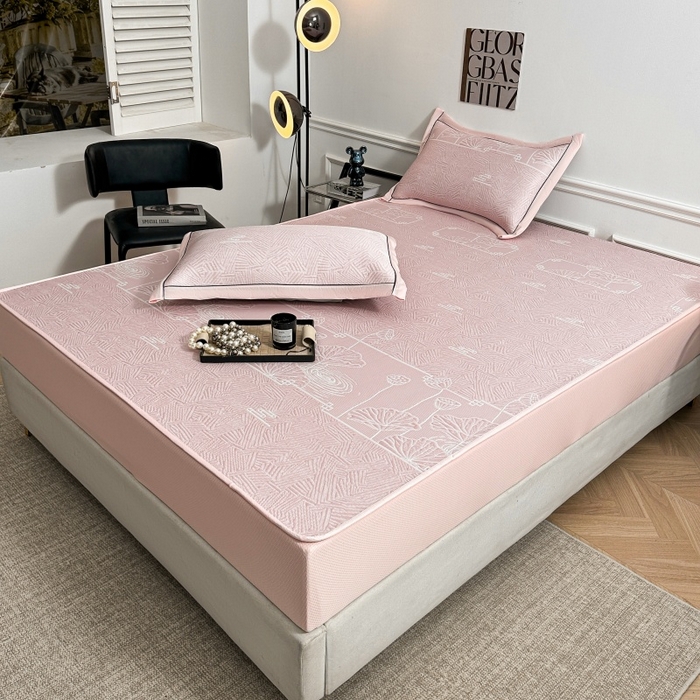 91家纺网 家纺一手货源 找家纺 绒艺席业 2026年新款立体浮雕工艺正宗凉感豆豆席凉席席子-床笠款 豆豆荷塘月色-粉色