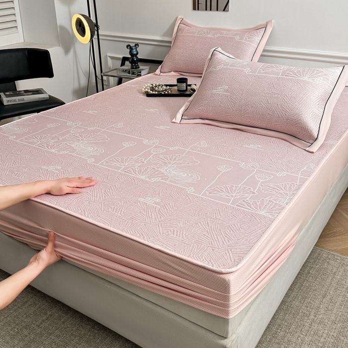 91家纺网 家纺一手货源 找家纺 绒艺席业 2026年新款立体浮雕工艺正宗凉感豆豆席凉席席子-床笠款 豆豆荷塘月色-粉色