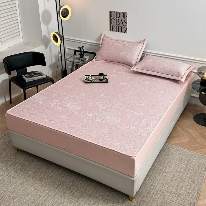 91家纺网 家纺一手货源 找家纺 绒艺席业 2026年新款立体浮雕工艺正宗凉感豆豆席凉席席子-床笠款 豆豆荷塘月色-粉色