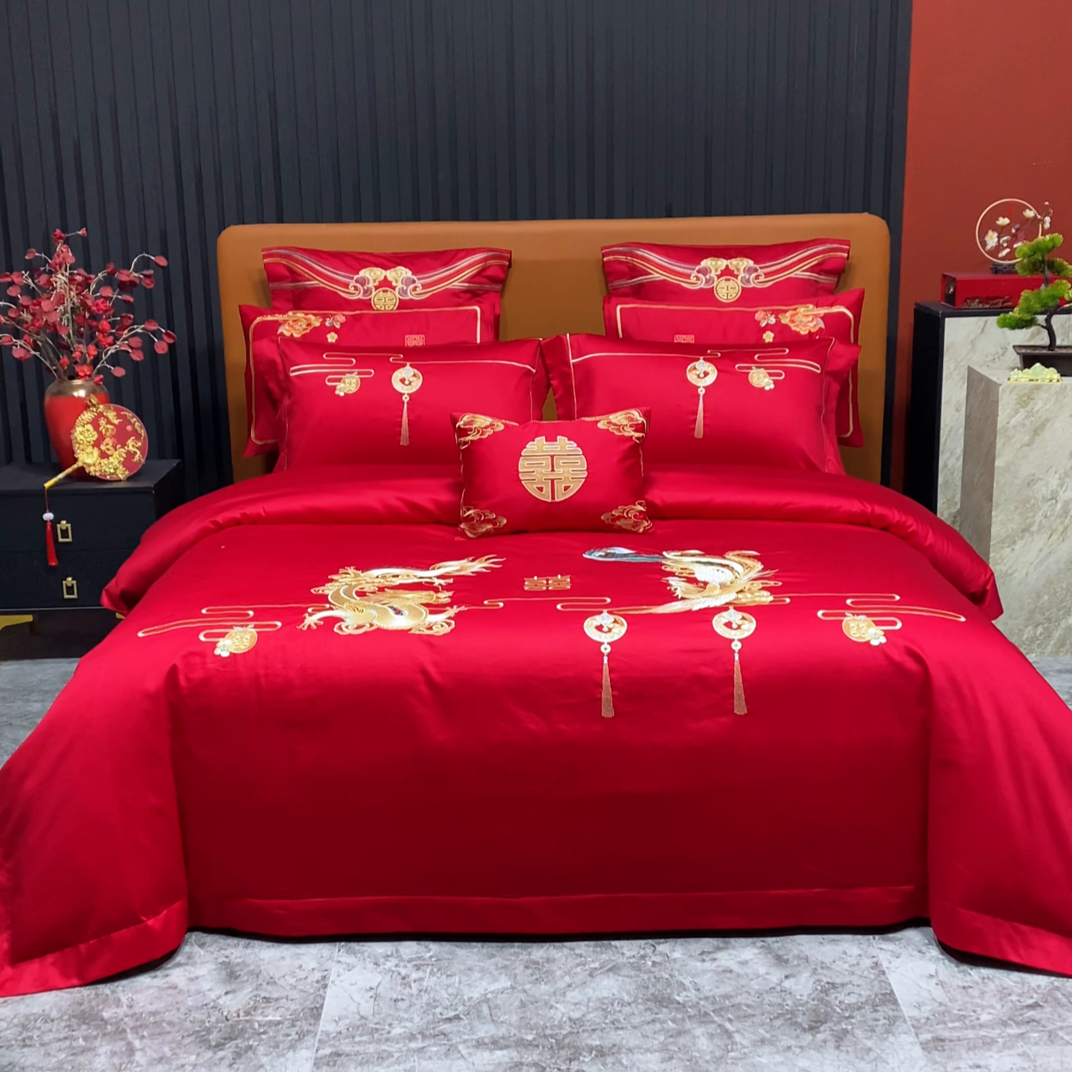91家纺网 家纺一手货源 找家纺 柏拉图 2026新款长绒棉纯棉贡缎全工艺刺绣婚庆四件套多件套 龙凤喜事
