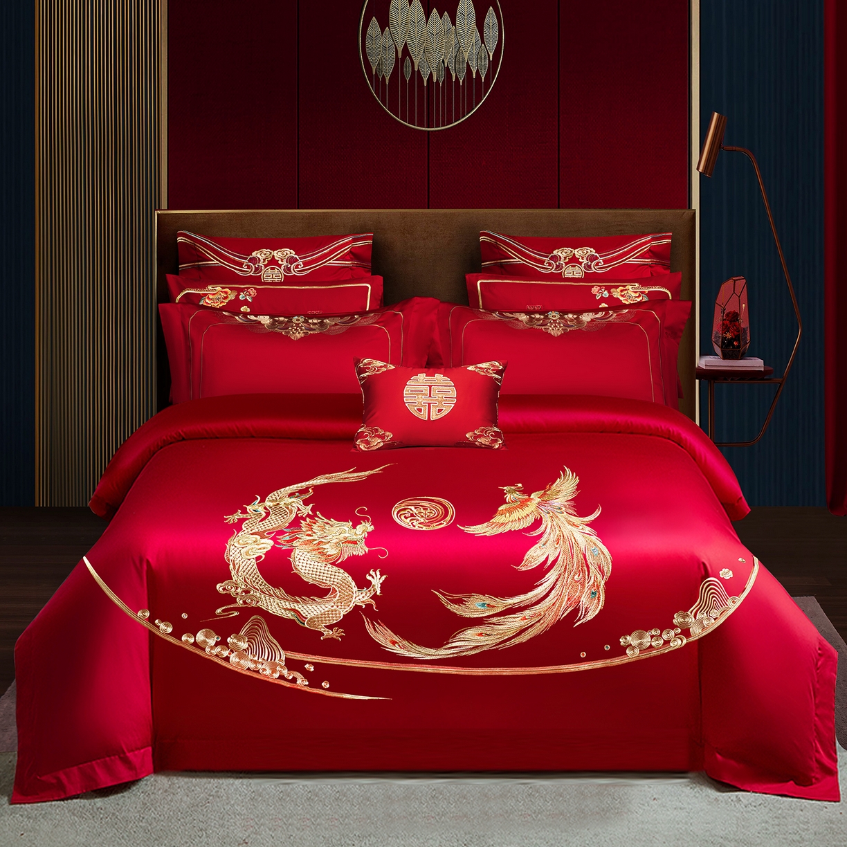 柏拉图 2026新款长绒棉纯棉贡缎全工艺刺绣婚庆四件套多件套 龙跃凤鸣