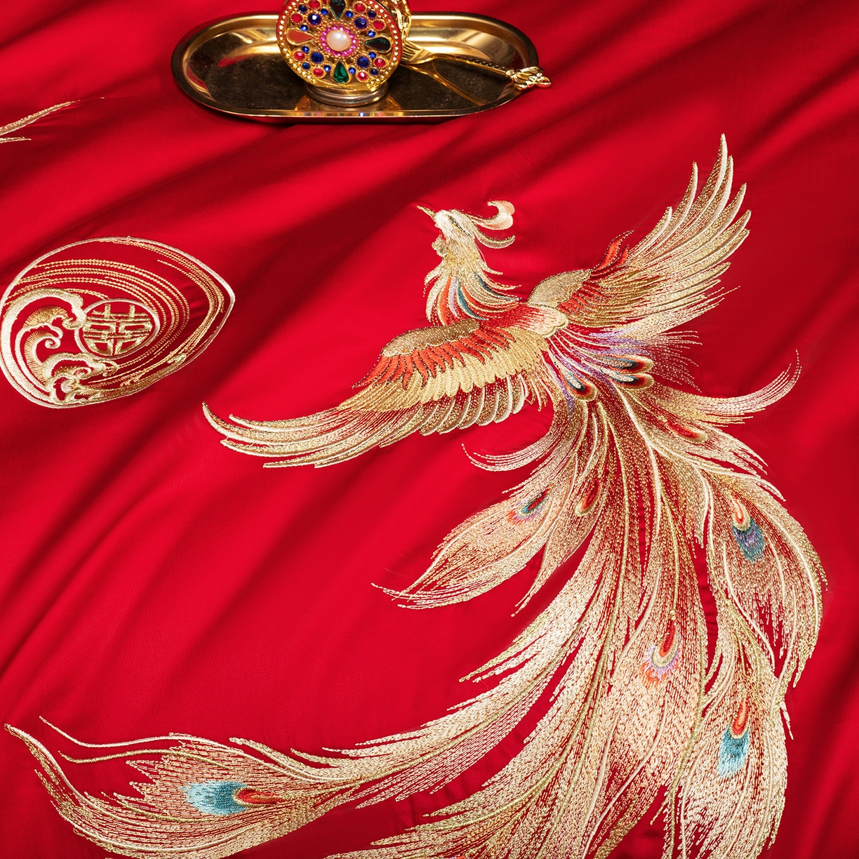 91家纺网 家纺一手货源 找家纺 柏拉图 2026新款长绒棉纯棉贡缎全工艺刺绣婚庆四件套多件套 龙跃凤鸣