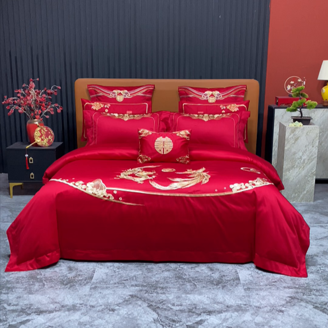 91家纺网 家纺一手货源 找家纺 柏拉图 2026新款长绒棉纯棉贡缎全工艺刺绣婚庆四件套多件套 龙跃凤鸣