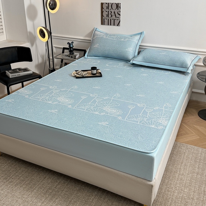 91家纺网 家纺一手货源 找家纺 绒艺席业 2026年新款立体浮雕工艺正宗凉感豆豆席凉席席子-床笠款 豆豆荷塘月色-蓝色