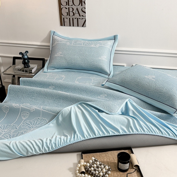 91家纺网 家纺一手货源 找家纺 绒艺席业 2026年新款立体浮雕工艺正宗凉感豆豆席凉席席子-床笠款 豆豆荷塘月色-蓝色