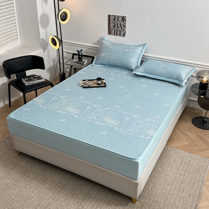 91家纺网 家纺一手货源 找家纺 绒艺席业 2026年新款立体浮雕工艺正宗凉感豆豆席凉席席子-床笠款 豆豆荷塘月色-蓝色