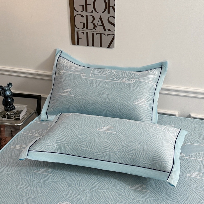 91家纺网 家纺一手货源 找家纺 绒艺席业 2026年新款立体浮雕工艺正宗凉感豆豆席凉席席子-床笠款 豆豆荷塘月色-蓝色