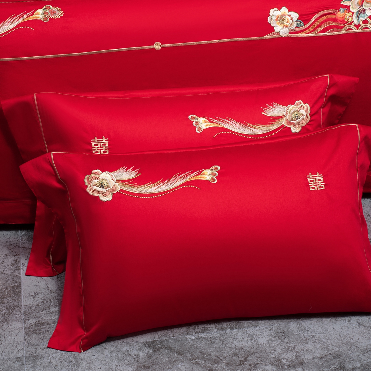 91家纺网 家纺一手货源 找家纺 柏拉图 2026新款长绒棉纯棉贡缎全工艺刺绣婚庆四件套多件套 盛世华妆