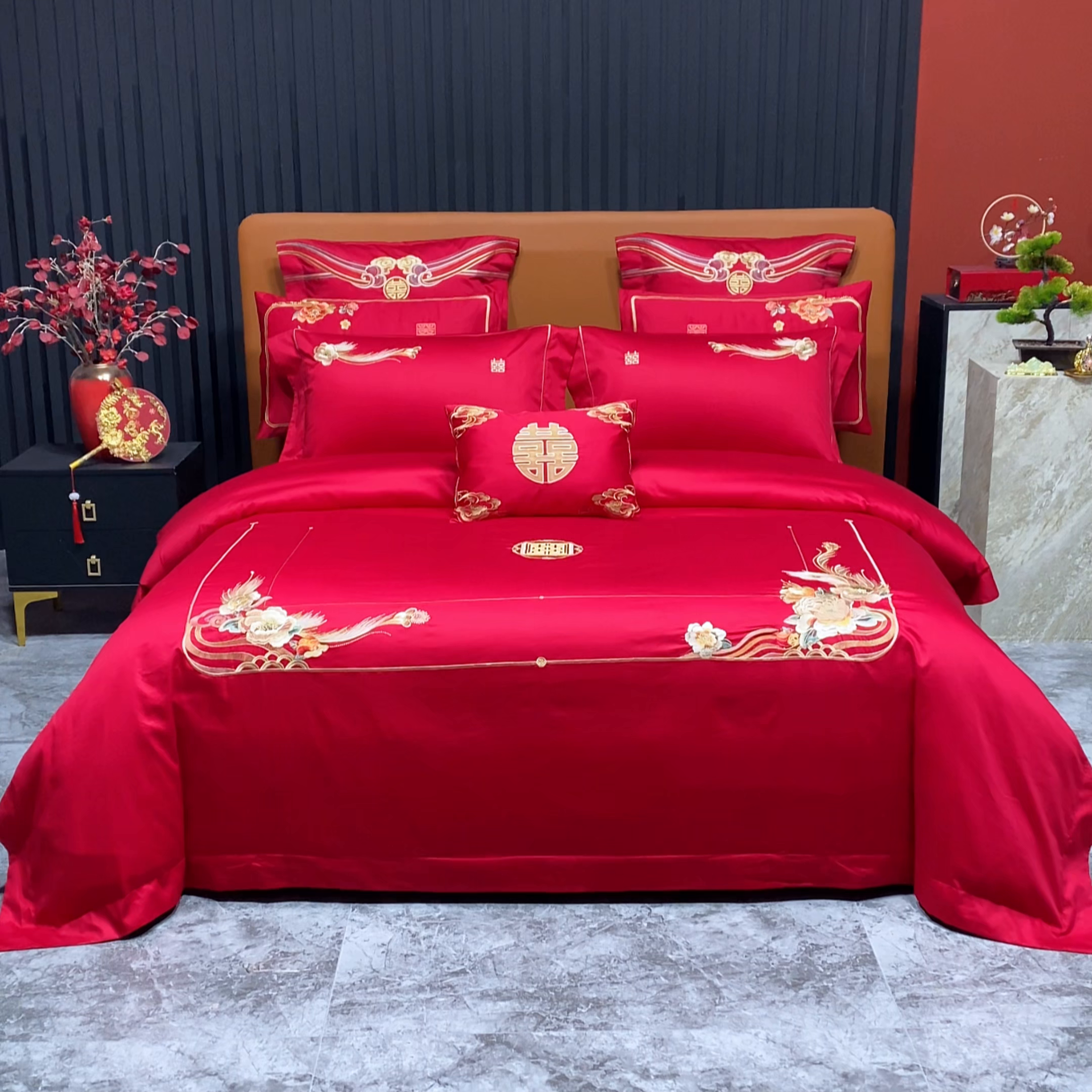 91家纺网 家纺一手货源 找家纺 柏拉图 2026新款长绒棉纯棉贡缎全工艺刺绣婚庆四件套多件套 盛世华妆