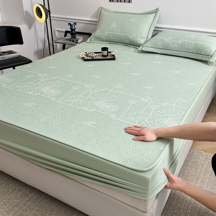 绒艺席业 2026年新款立体浮雕工艺正宗凉感豆豆席凉席席子-床笠款 豆豆荷塘月色-绿色