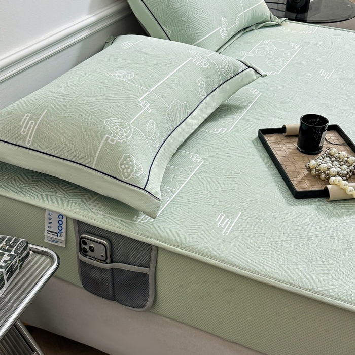 91家纺网 家纺一手货源 找家纺 绒艺席业 2026年新款立体浮雕工艺正宗凉感豆豆席凉席席子-床笠款 豆豆荷塘月色-绿色