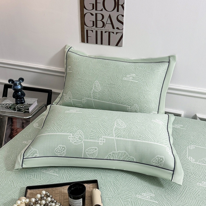 91家纺网 家纺一手货源 找家纺 绒艺席业 2026年新款立体浮雕工艺正宗凉感豆豆席凉席席子-床笠款 豆豆荷塘月色-绿色