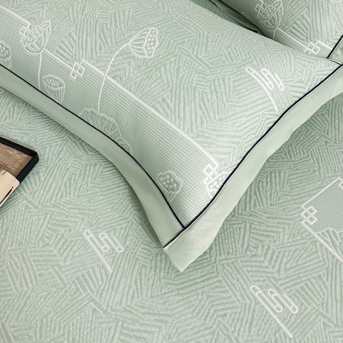 91家纺网 家纺一手货源 找家纺 绒艺席业 2026年新款立体浮雕工艺正宗凉感豆豆席凉席席子-床笠款 豆豆荷塘月色-绿色